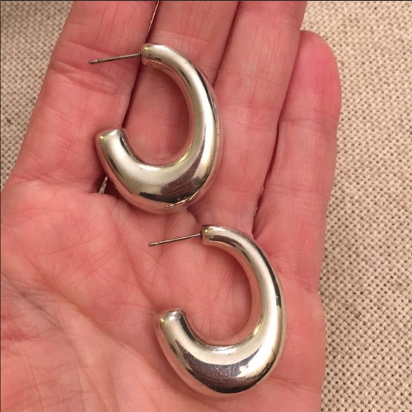 Silver Puffed Hoop Earrings - Picture 3 of 8